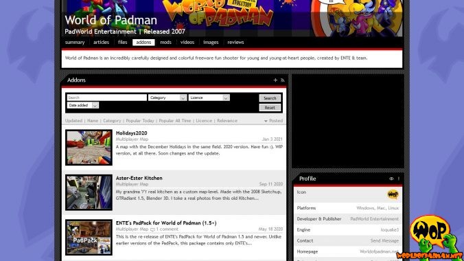 Addons list of the WoP profile page on ModDB