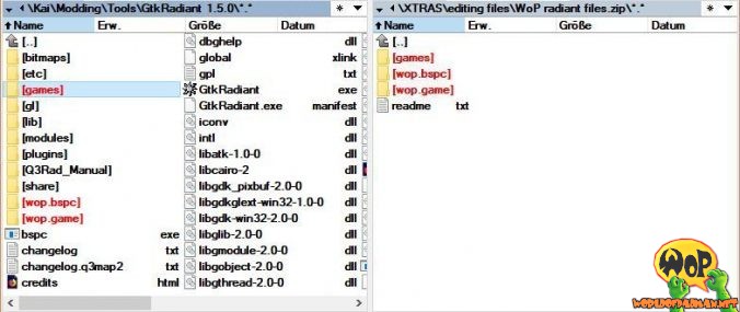 WoP radiant files - Archivinhalt (rechts) und Zielordner (links)